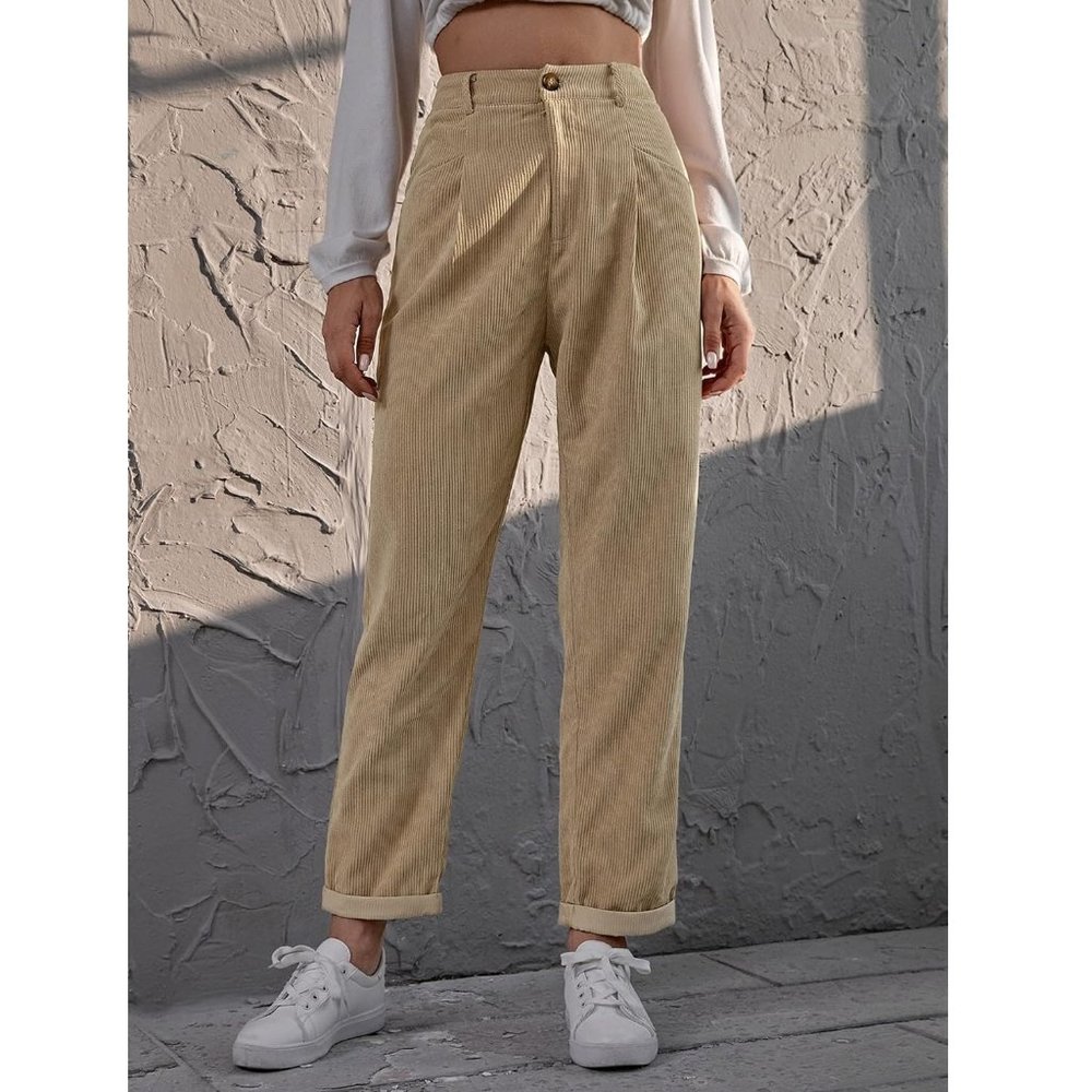 SHEIN Women's Size Medium / 6 Beige Corduroy High-Rise Straight-Leg Pants Relax
